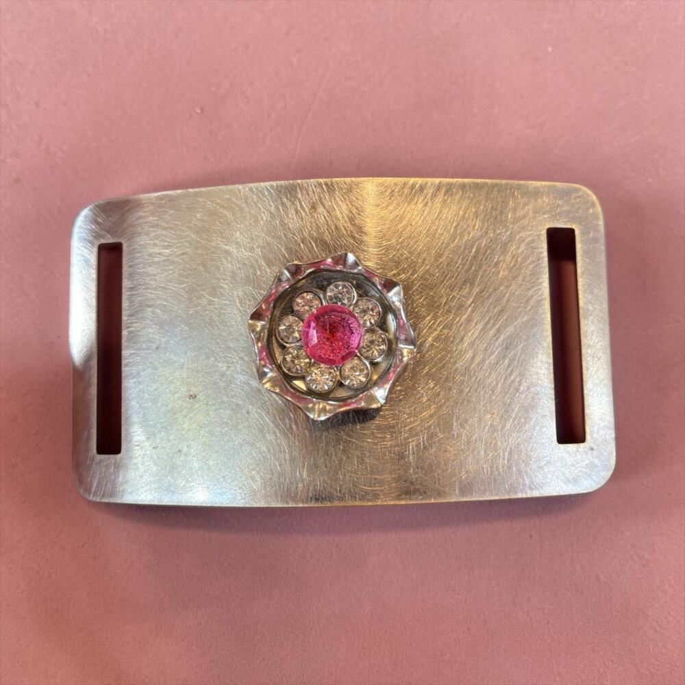 Mod Pink Rhinestone Flower Belt Buckle Silver Tone Statement 60s 70s